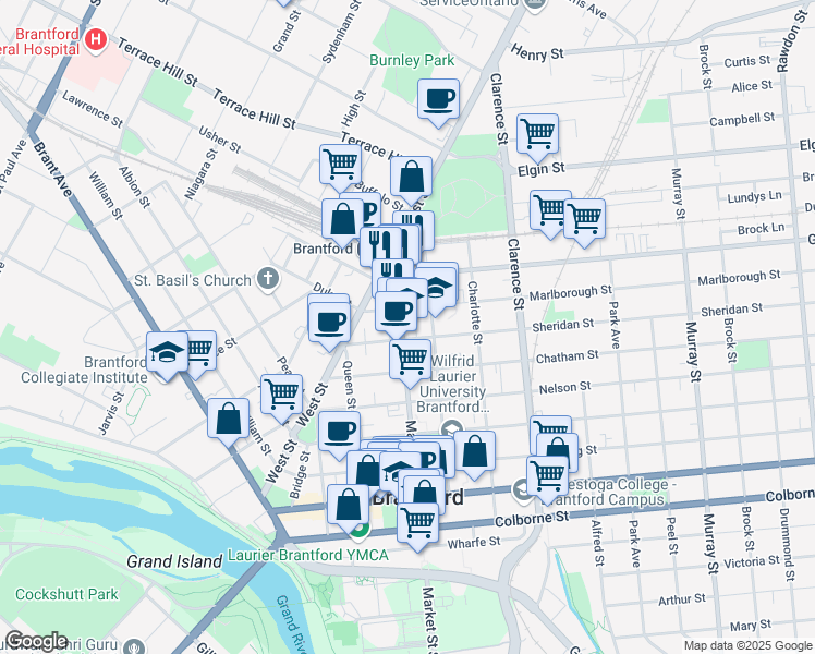 map of restaurants, bars, coffee shops, grocery stores, and more near 167 Market Street in Brantford