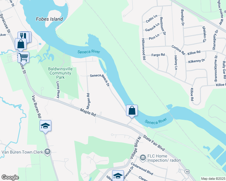 map of restaurants, bars, coffee shops, grocery stores, and more near 7716 Seneca Beach Drive in Baldwinsville