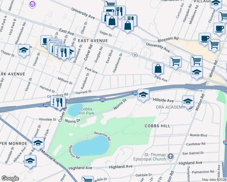 map of restaurants, bars, coffee shops, grocery stores, and more near 870 Harvard Street in Rochester