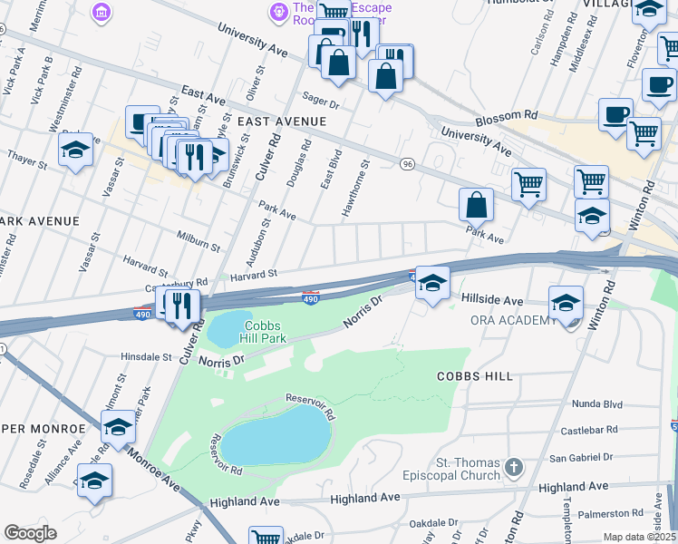 map of restaurants, bars, coffee shops, grocery stores, and more near 870 Harvard Street in Rochester