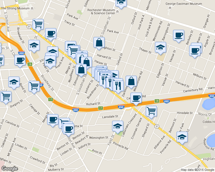 map of restaurants, bars, coffee shops, grocery stores, and more near in Rochester