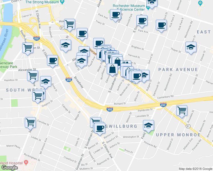 map of restaurants, bars, coffee shops, grocery stores, and more near 465 South Goodman Street in Rochester