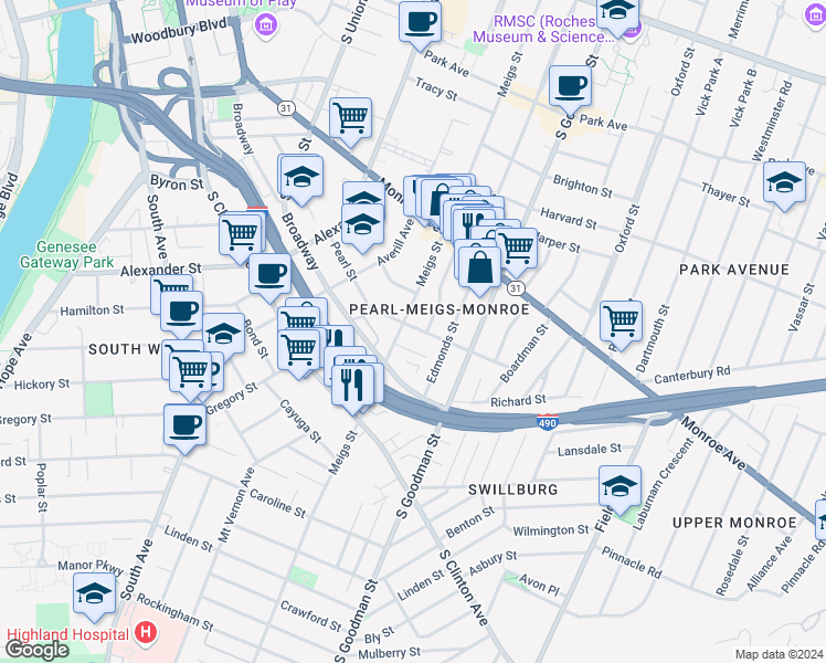 map of restaurants, bars, coffee shops, grocery stores, and more near 509 Meigs Street in Rochester