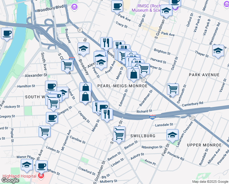 map of restaurants, bars, coffee shops, grocery stores, and more near 509 Meigs Street in Rochester