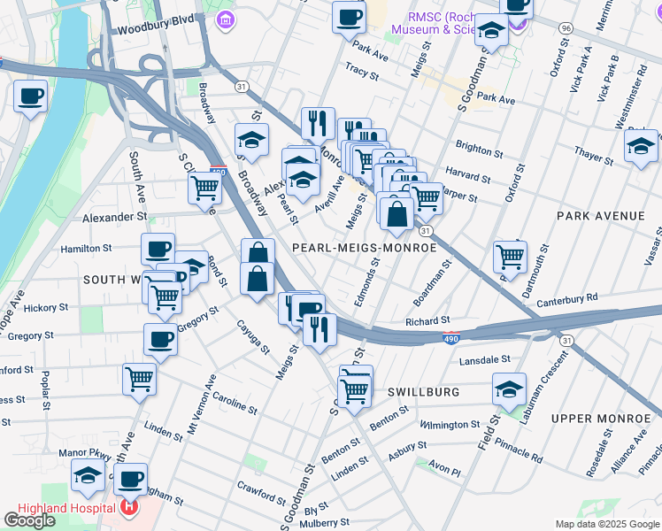 map of restaurants, bars, coffee shops, grocery stores, and more near 509 Meigs Street in Rochester