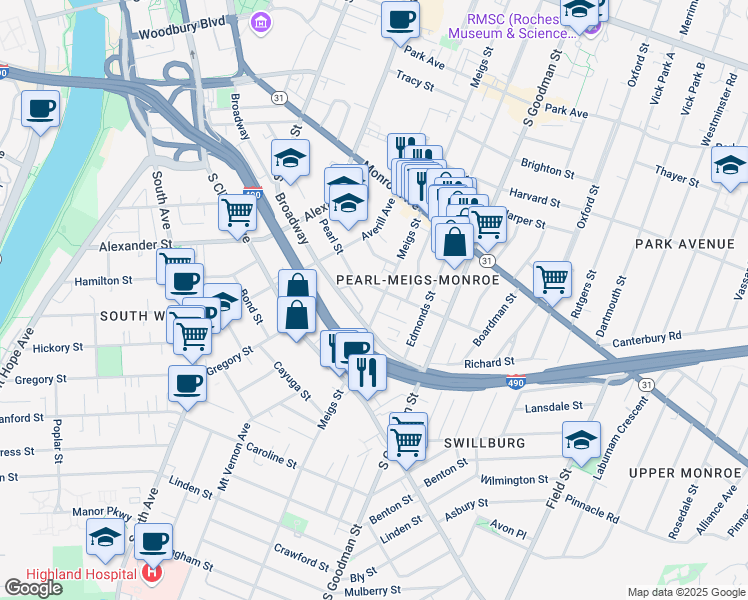 map of restaurants, bars, coffee shops, grocery stores, and more near 509 Meigs Street in Rochester