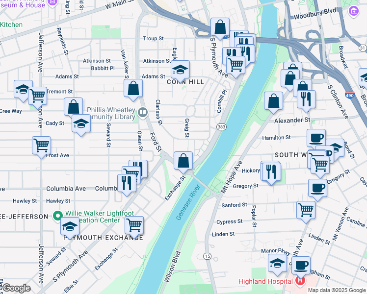 map of restaurants, bars, coffee shops, grocery stores, and more near 100 Riverferry Way in Rochester