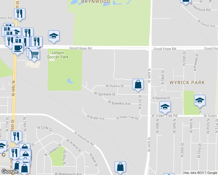 map of restaurants, bars, coffee shops, grocery stores, and more near 6439 West Hustis Street in Milwaukee