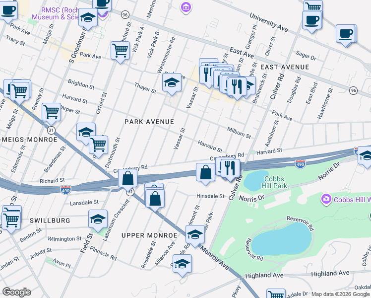 map of restaurants, bars, coffee shops, grocery stores, and more near 319 Berkeley Street in Rochester