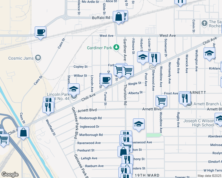 map of restaurants, bars, coffee shops, grocery stores, and more near 623 Chili Avenue in Rochester