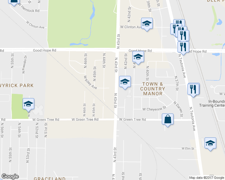 map of restaurants, bars, coffee shops, grocery stores, and more near 6969 North 43rd Street in Milwaukee