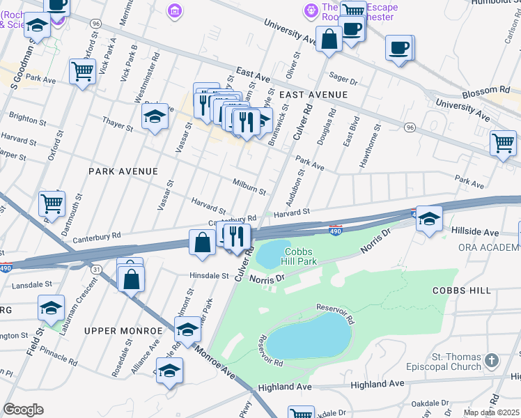 map of restaurants, bars, coffee shops, grocery stores, and more near 256 Brunswick Street in Rochester