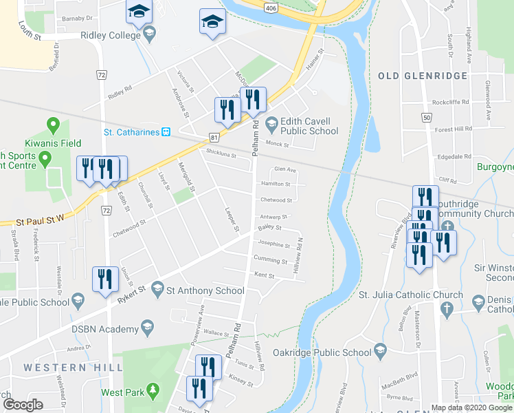 map of restaurants, bars, coffee shops, grocery stores, and more near 55 Pelham Road in St. Catharines