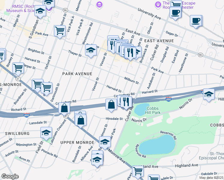 map of restaurants, bars, coffee shops, grocery stores, and more near 559 Harvard Street in Rochester