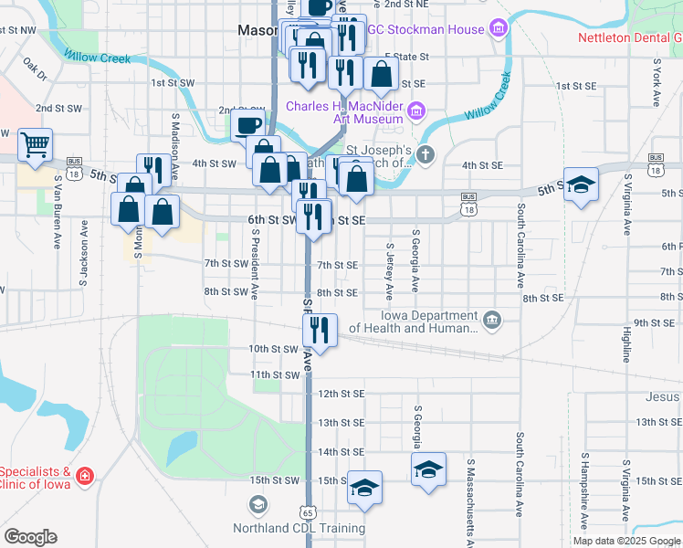 map of restaurants, bars, coffee shops, grocery stores, and more near 103 7th Street Southeast in Mason City