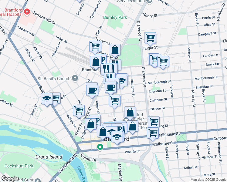 map of restaurants, bars, coffee shops, grocery stores, and more near 171 Market Street in Brantford