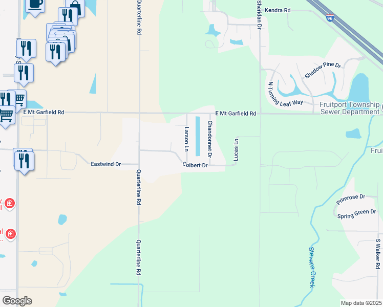 map of restaurants, bars, coffee shops, grocery stores, and more near 5936 Larson Lane in Fruitport Charter Township