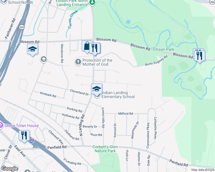 map of restaurants, bars, coffee shops, grocery stores, and more near 83 Klink Road in Rochester