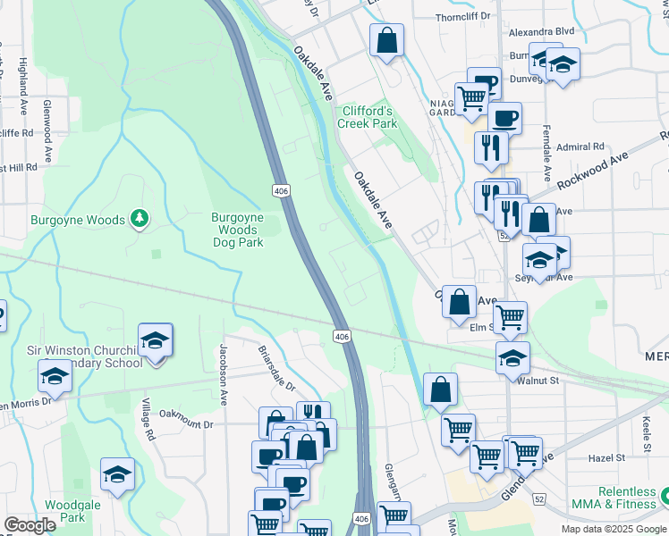 map of restaurants, bars, coffee shops, grocery stores, and more near 31 Corbin Street in St. Catharines