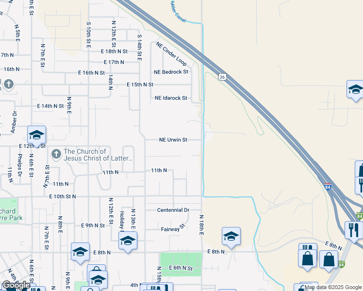 map of restaurants, bars, coffee shops, grocery stores, and more near 1605 Northeast Urwin Street in Mountain Home