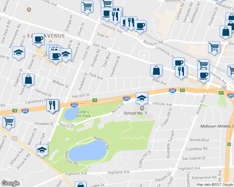 map of restaurants, bars, coffee shops, grocery stores, and more near 923 Harvard Street in Rochester