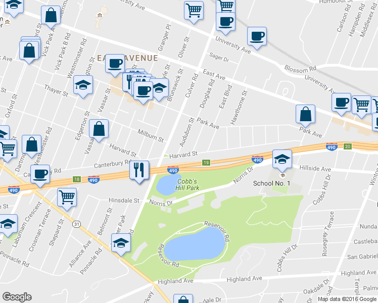 map of restaurants, bars, coffee shops, grocery stores, and more near 93 Beverly Street in Rochester
