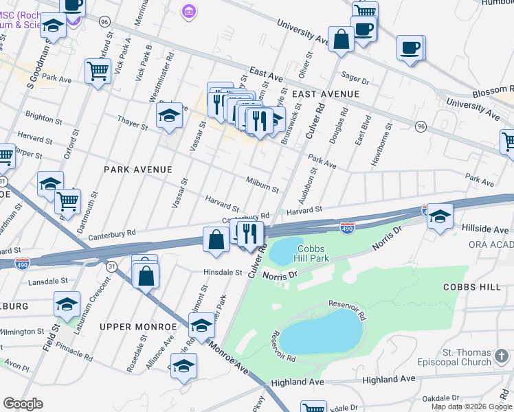 map of restaurants, bars, coffee shops, grocery stores, and more near 256 Brunswick Street in Rochester