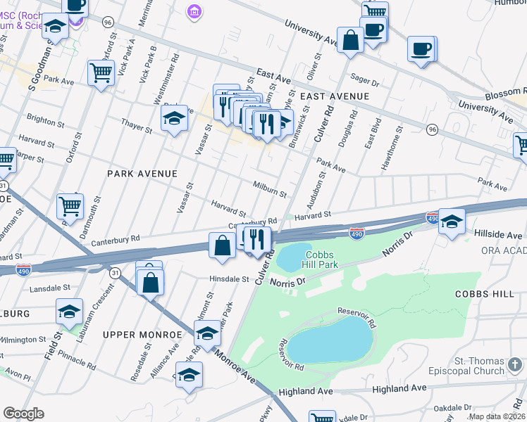 map of restaurants, bars, coffee shops, grocery stores, and more near 256 Brunswick Street in Rochester