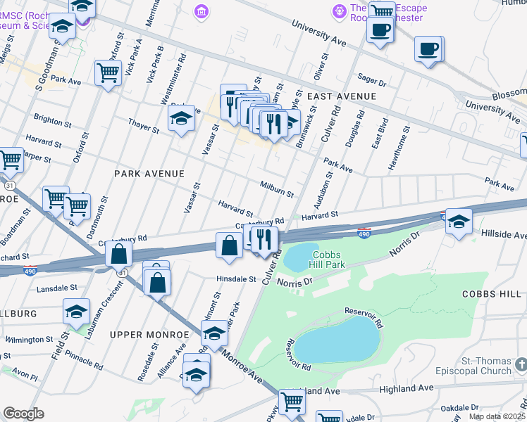 map of restaurants, bars, coffee shops, grocery stores, and more near 47 Berkshire Street in Rochester
