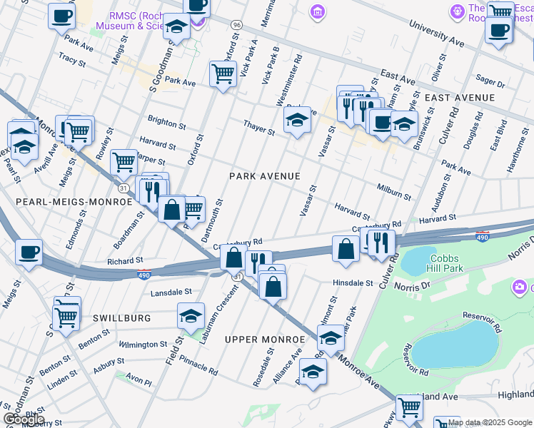 map of restaurants, bars, coffee shops, grocery stores, and more near 326 Barrington Street in Rochester