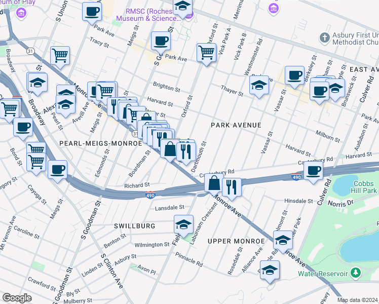 map of restaurants, bars, coffee shops, grocery stores, and more near 252 Rutgers Street in Rochester