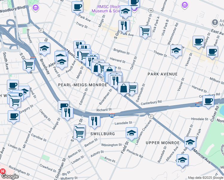 map of restaurants, bars, coffee shops, grocery stores, and more near 6 Boardman Street in Rochester