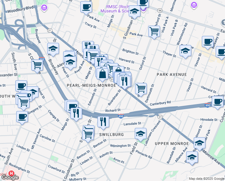 map of restaurants, bars, coffee shops, grocery stores, and more near 30 Amherst Street in Rochester