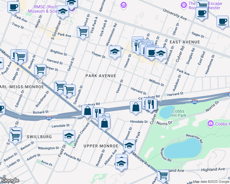 map of restaurants, bars, coffee shops, grocery stores, and more near 209 Vassar Street in Rochester
