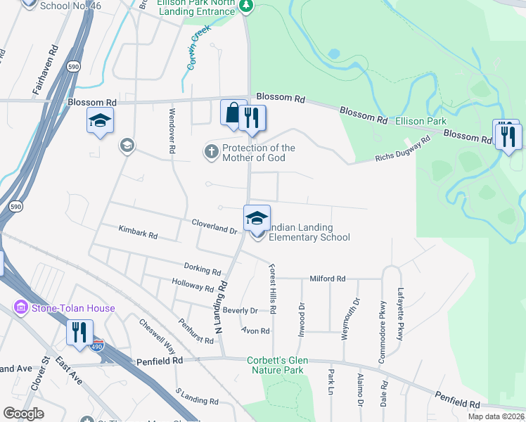 map of restaurants, bars, coffee shops, grocery stores, and more near 35 Klink Road in Rochester