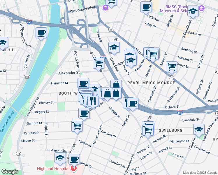 map of restaurants, bars, coffee shops, grocery stores, and more near 651 South Clinton Avenue in Rochester