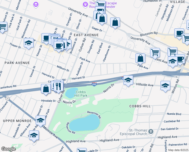 map of restaurants, bars, coffee shops, grocery stores, and more near 847 Harvard Street in Rochester