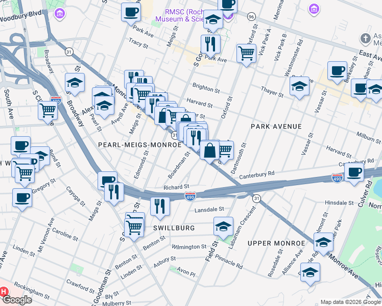 map of restaurants, bars, coffee shops, grocery stores, and more near 6 Boardman Street in Rochester
