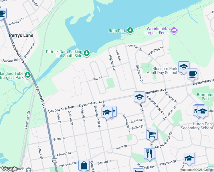 map of restaurants, bars, coffee shops, grocery stores, and more near 73 Northland Crescent in Woodstock