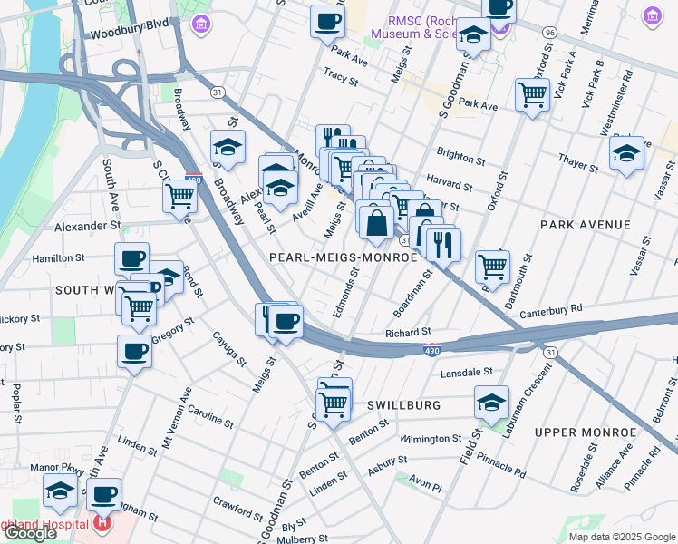 map of restaurants, bars, coffee shops, grocery stores, and more near 370 Pearl Street in Rochester