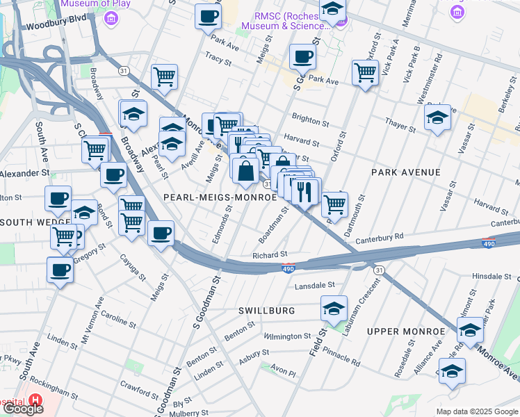 map of restaurants, bars, coffee shops, grocery stores, and more near 47 Amherst Street in Rochester