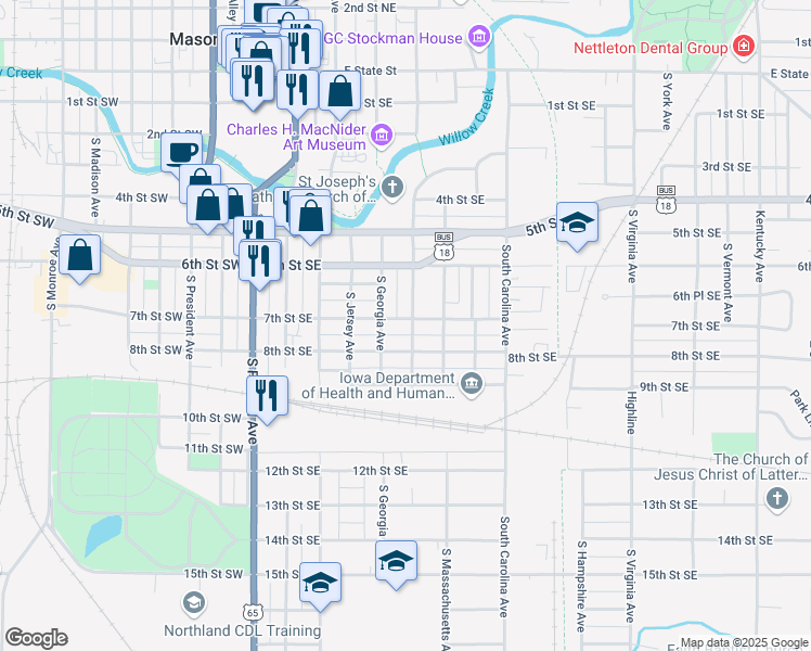 map of restaurants, bars, coffee shops, grocery stores, and more near 323 7th Street Southeast in Mason City
