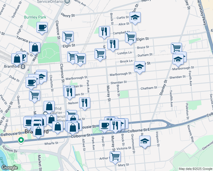 map of restaurants, bars, coffee shops, grocery stores, and more near 242 Murray Street in Brantford