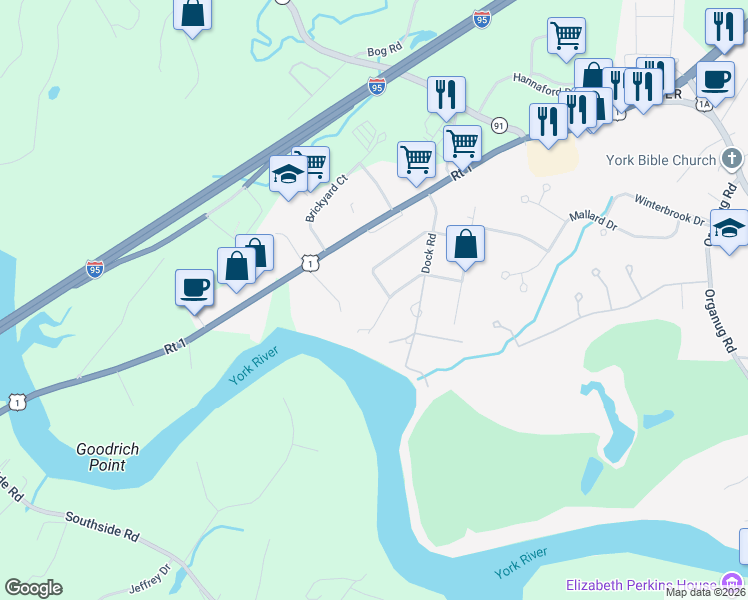 map of restaurants, bars, coffee shops, grocery stores, and more near 61 Orchard Farm Road in York
