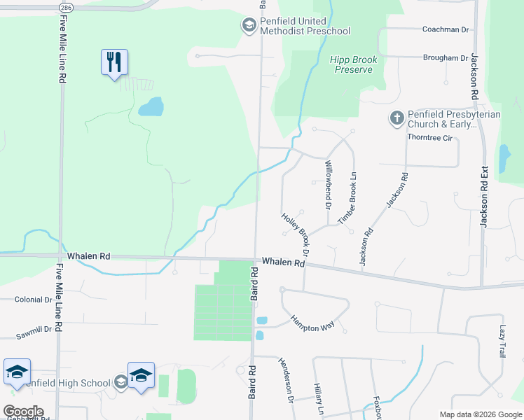 map of restaurants, bars, coffee shops, grocery stores, and more near 1922 Baird Road in Penfield