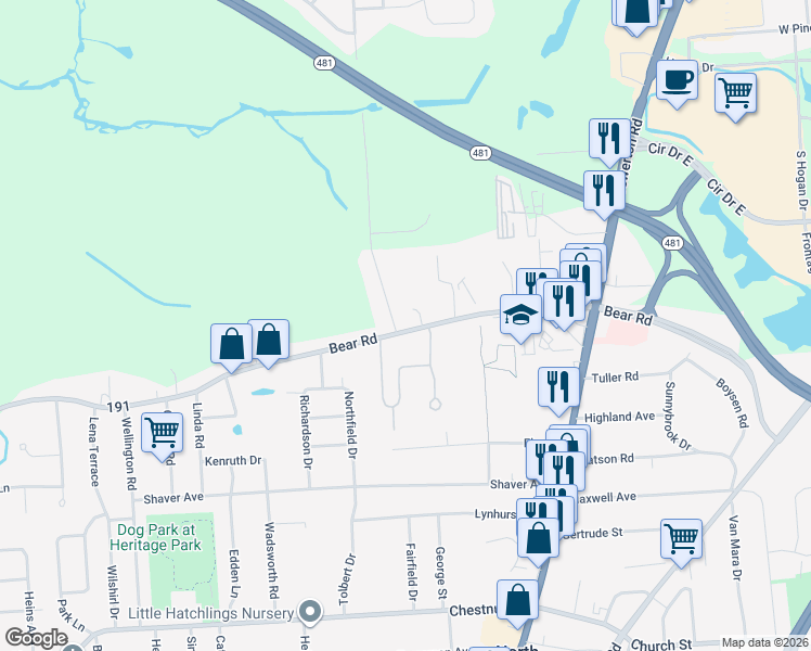 map of restaurants, bars, coffee shops, grocery stores, and more near 5551 Bear Road in Syracuse