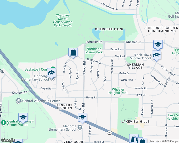 map of restaurants, bars, coffee shops, grocery stores, and more near 4610 Barby Lane in Madison