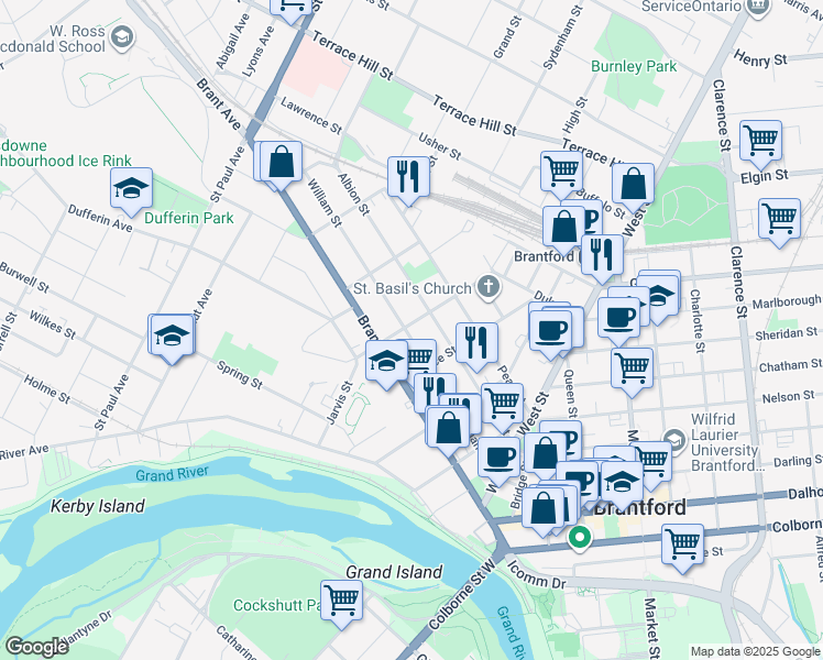 map of restaurants, bars, coffee shops, grocery stores, and more near 91 William Street in Brantford