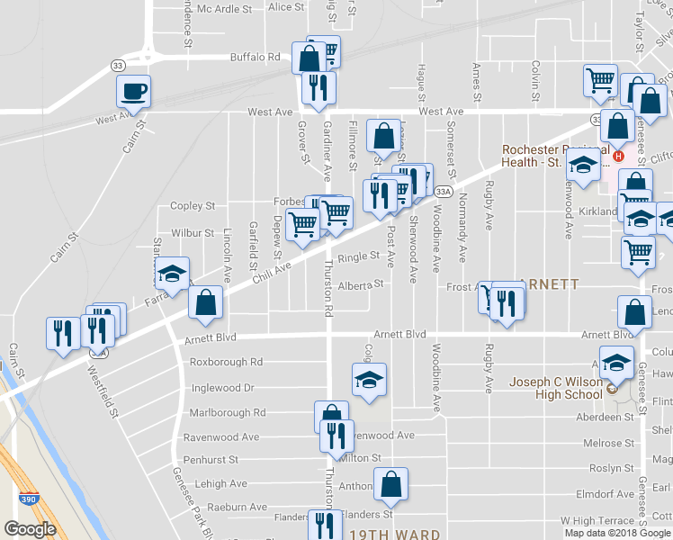 map of restaurants, bars, coffee shops, grocery stores, and more near 38 Thurston Road in Rochester