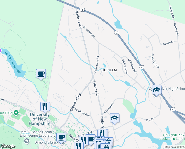 map of restaurants, bars, coffee shops, grocery stores, and more near 93 Madbury Road in Durham